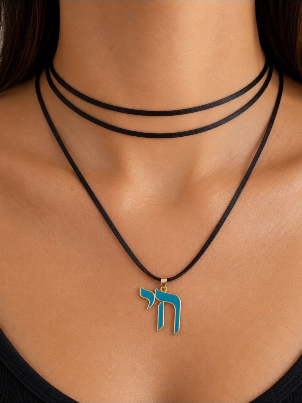 Gold Hebrew Letter Chai Pendant Necklace - Black Strap - Turquoise Enamel